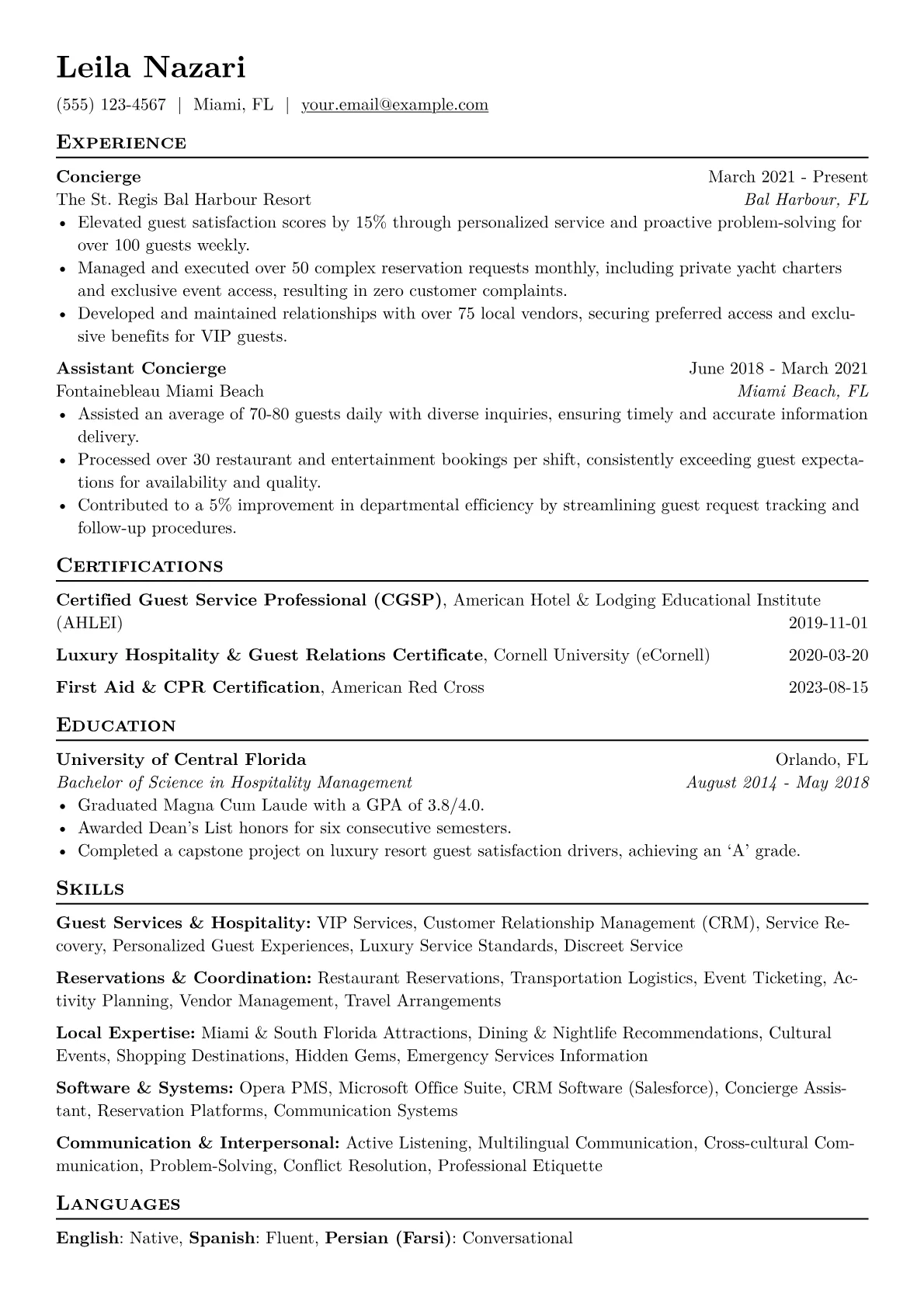 Concierge Resume Example CV template - Page 1