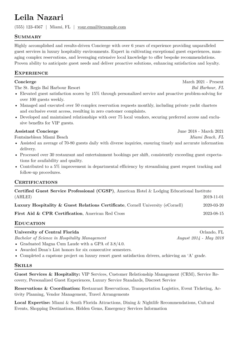 Concierge Resume Example CV template preview