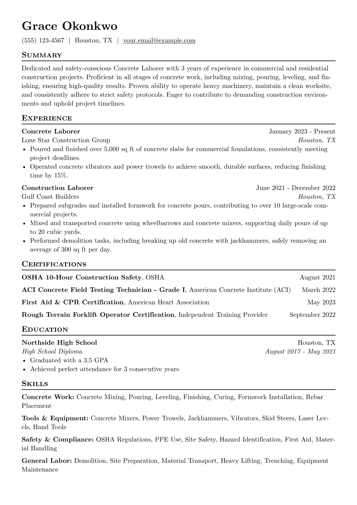 Concrete Laborer Resume Example CV template - Page 1
