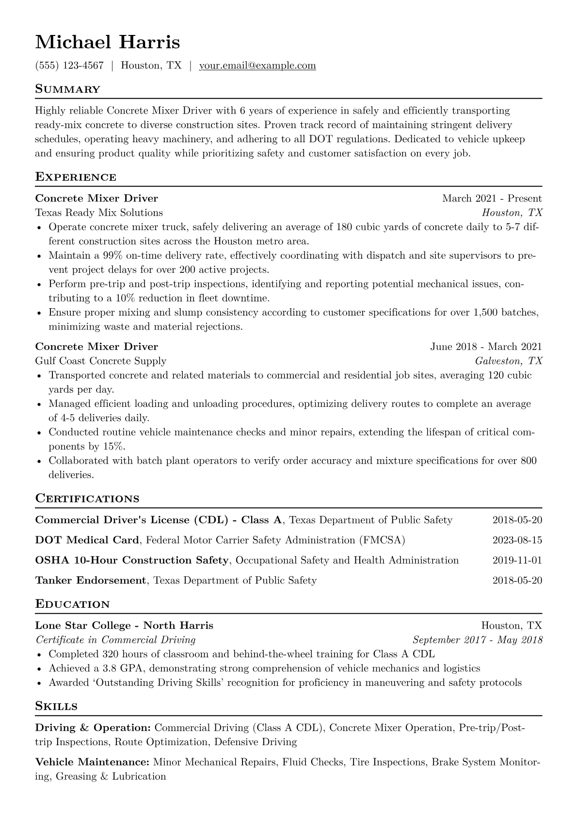 Concrete Mixer Driver Resume Example CV template - Page 1