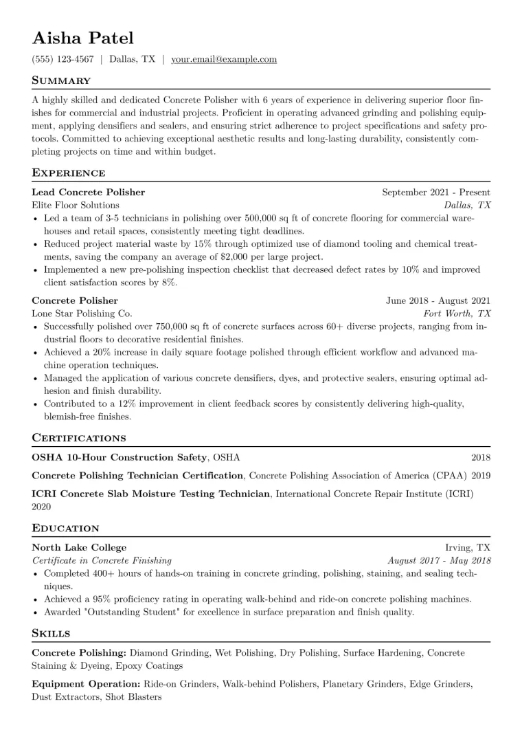 Concrete Polisher Resume Example CV template preview