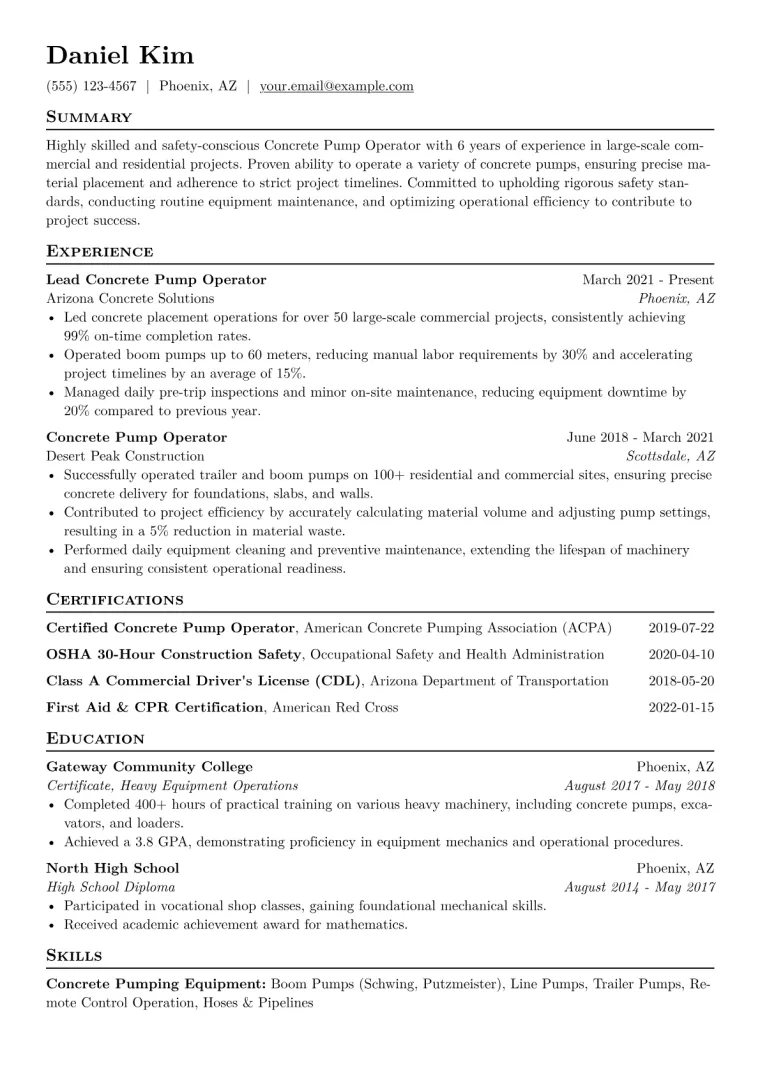 Concrete Pump Operator Resume Example CV template preview