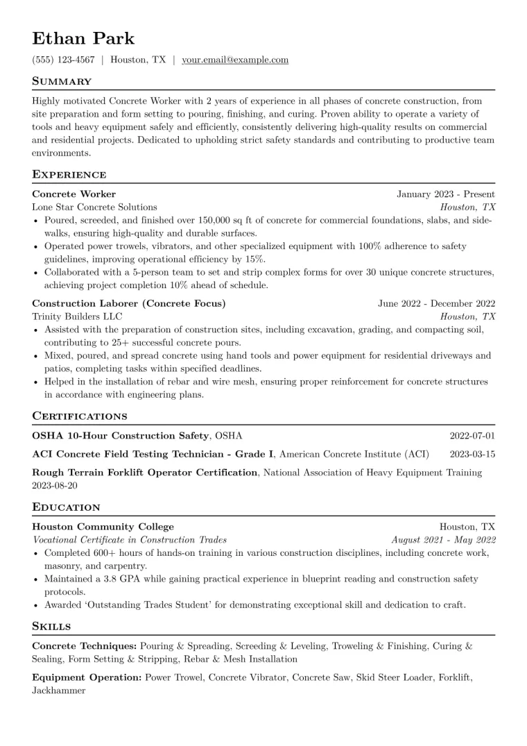 Concrete Worker Resume Example CV template preview