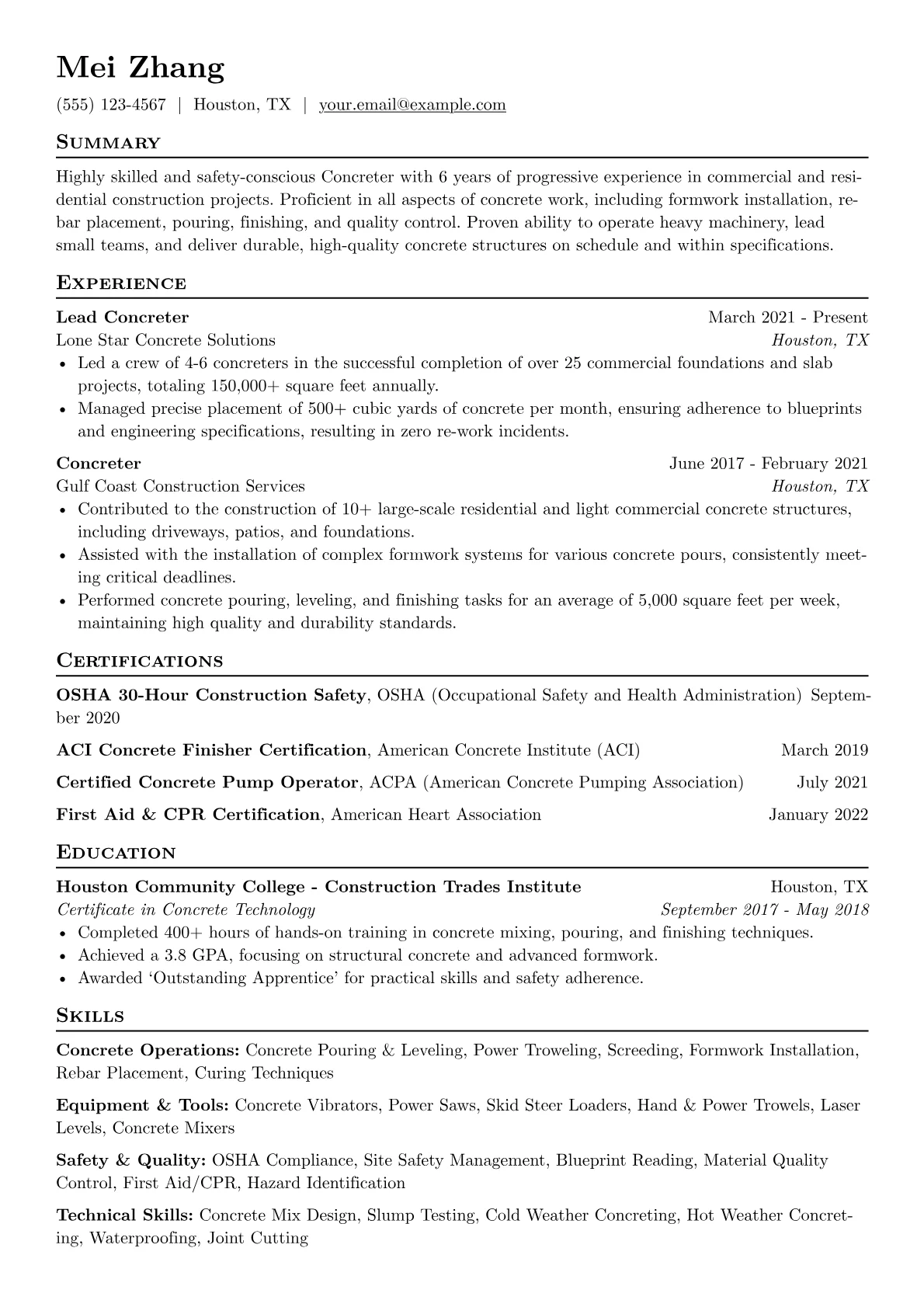 Concreter Resume Example CV template - Page 1