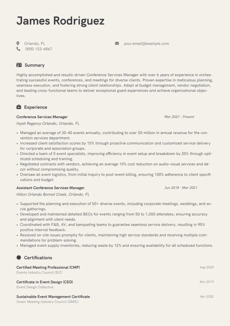Conference Services Manager Resume Example CV template preview
