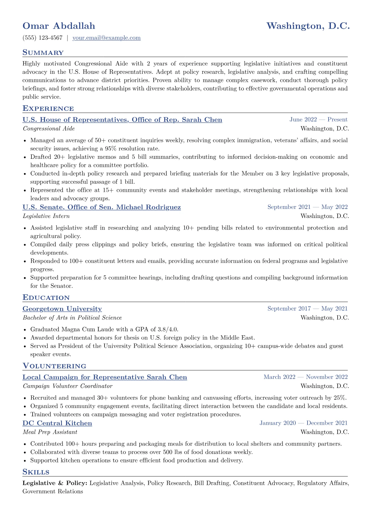 Congressional Aide Resume Example CV template - Page 1