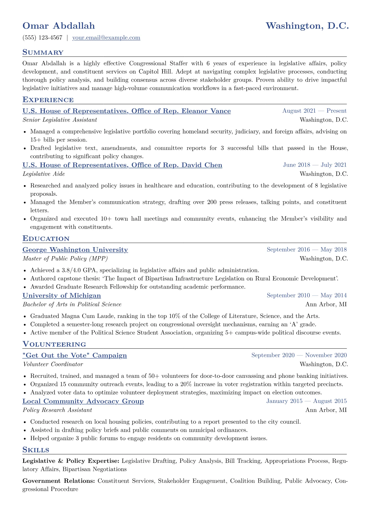Congressional Staffer Resume Example CV template - Page 1