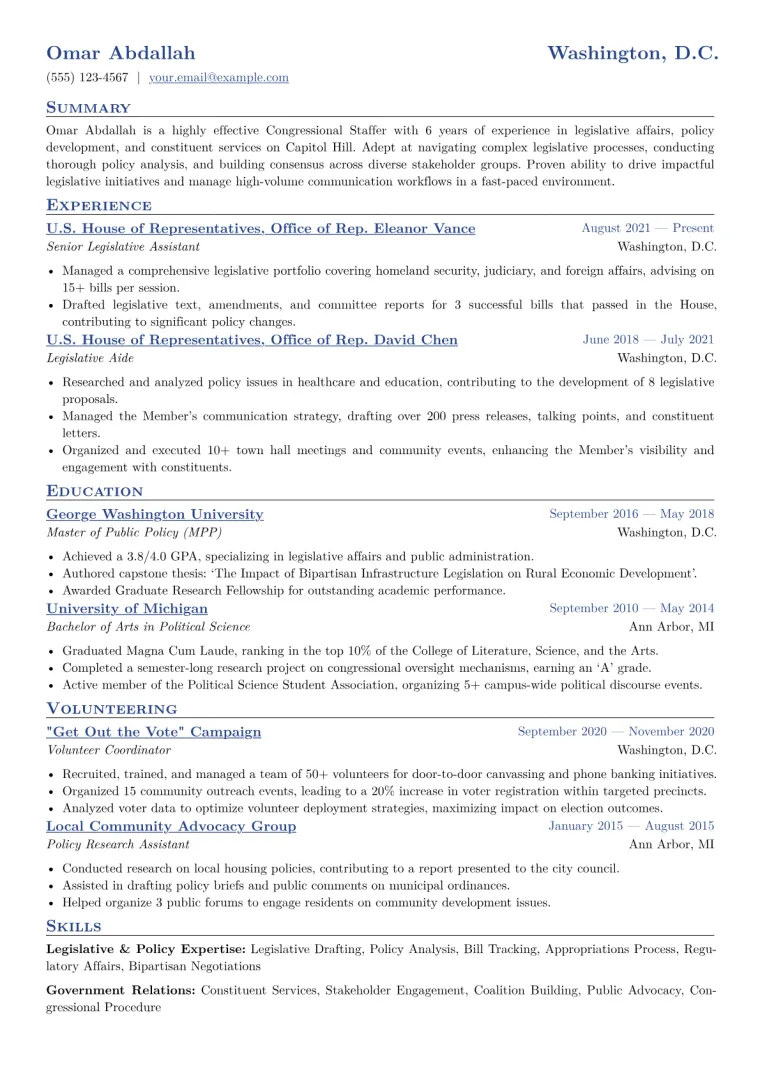 Congressional Staffer Resume Example CV template preview