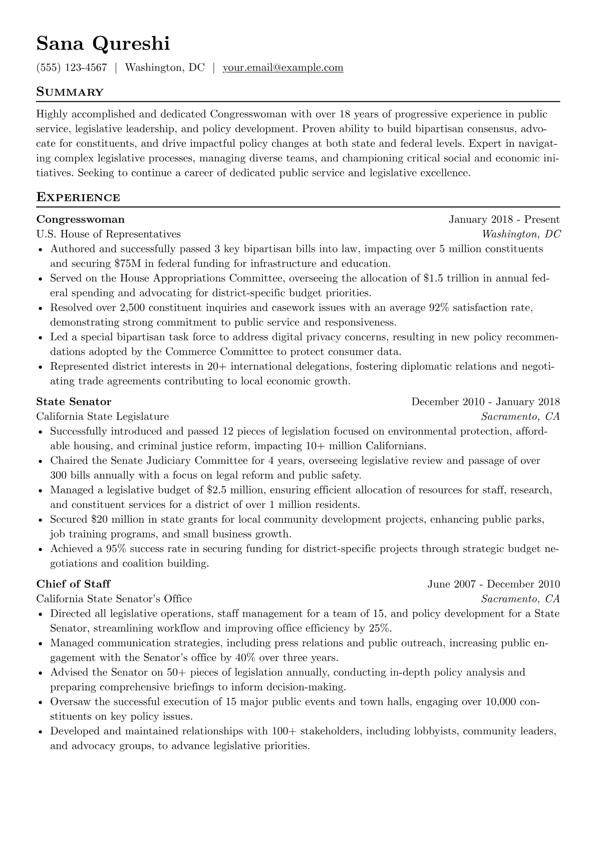 Congressperson Resume Example CV template - Page 1