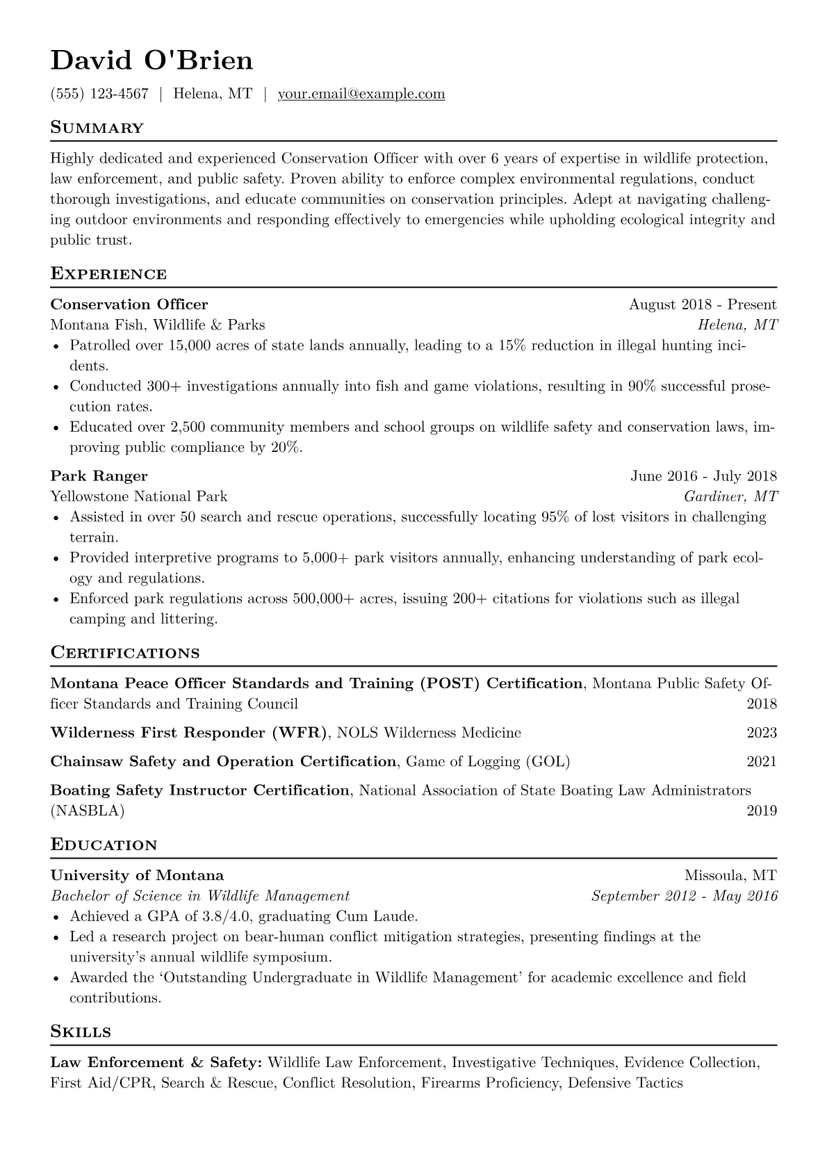Conservation Officer Resume Example CV template - Page 1