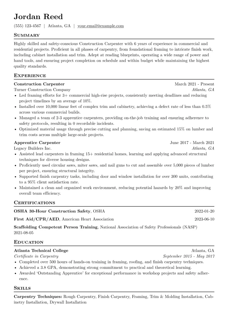 Construction Carpenter Resume Example CV template preview