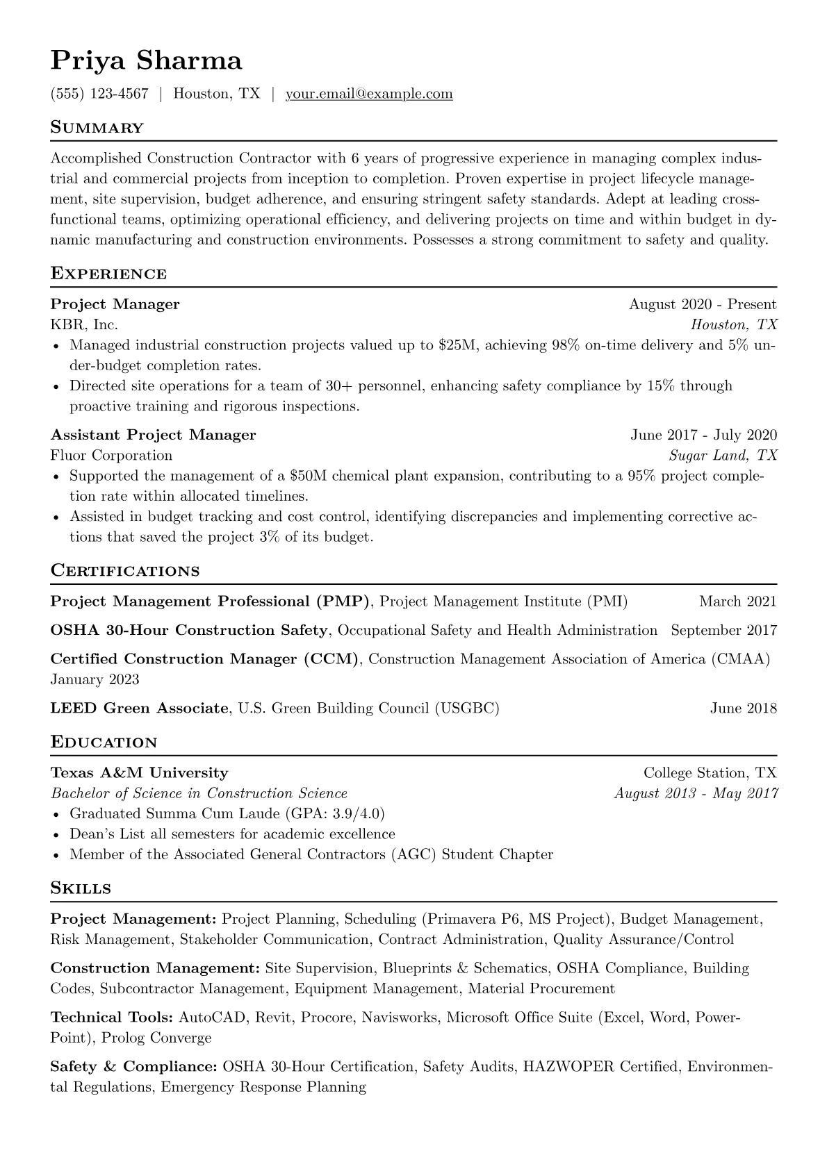 Construction Contractor Resume Example CV template - Page 1