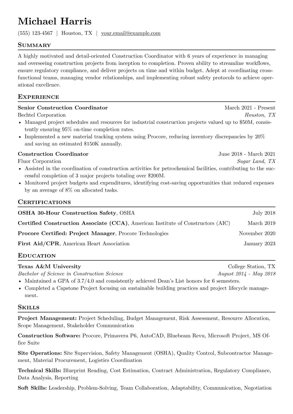 Construction Coordinator Resume Example CV template - Page 1