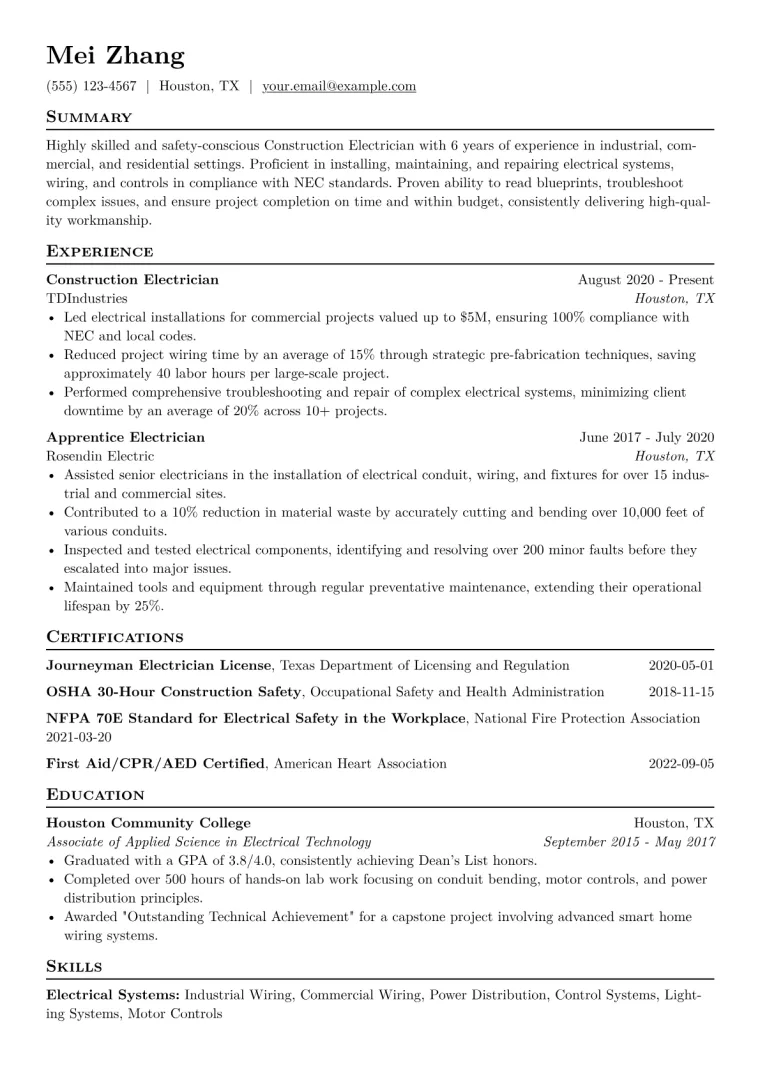Construction Electrician Resume Example CV template preview