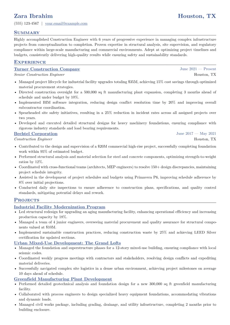 Construction Engineer Resume Example CV template preview