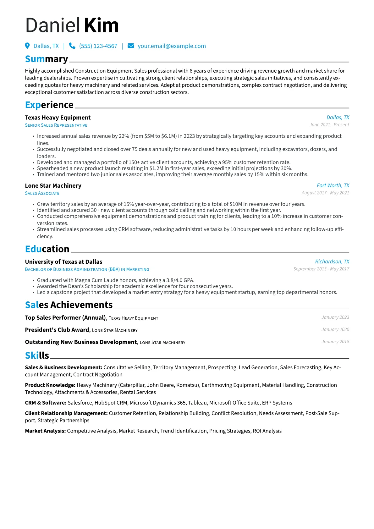 Construction Equipment Sales Resume Example CV template - Page 1
