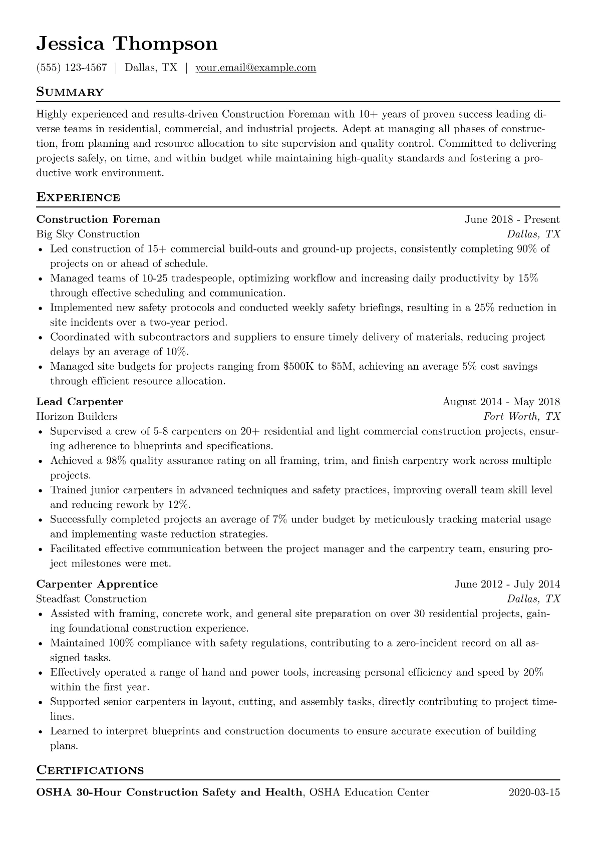 Construction Foreman Resume Example CV template - Page 1