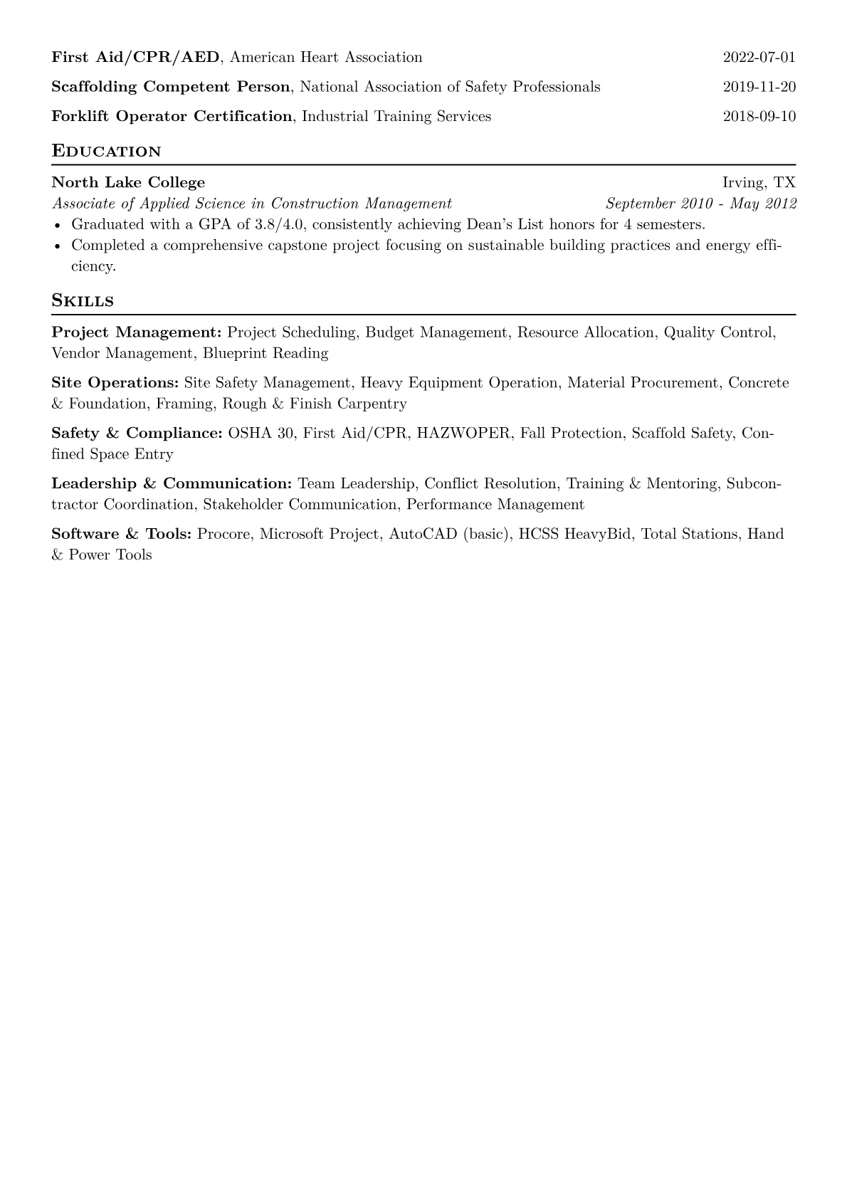 Construction Foreman Resume Example CV template - Page 2