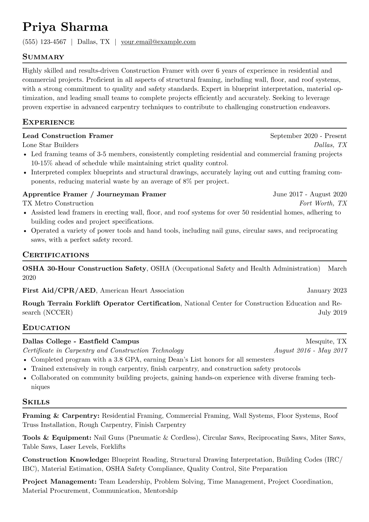 Construction Framer Resume Example CV template - Page 1