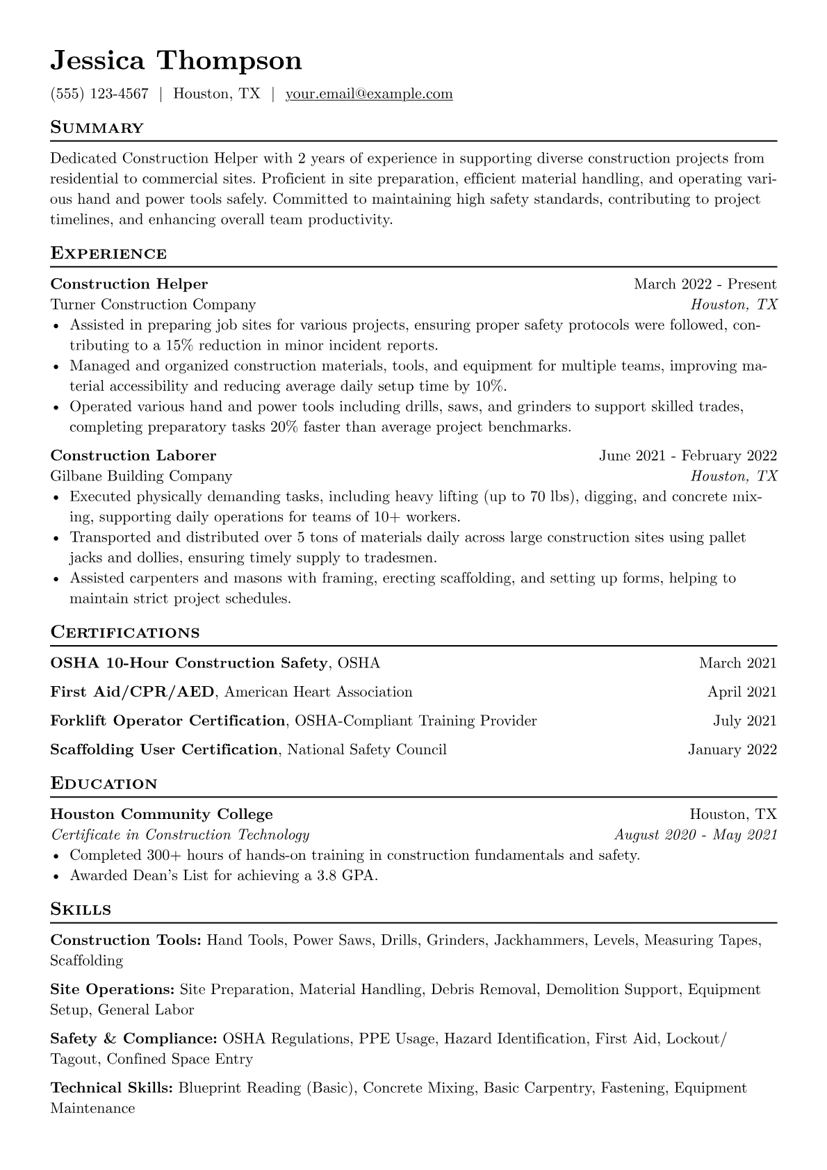 Construction Helper Resume Example CV template - Page 1