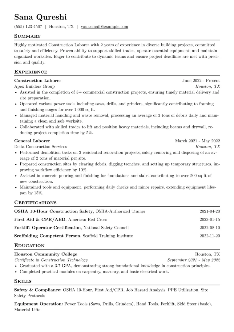 Construction Laborer Resume Example CV template preview