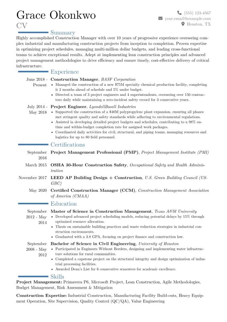 Construction Manager Resume Example CV template preview