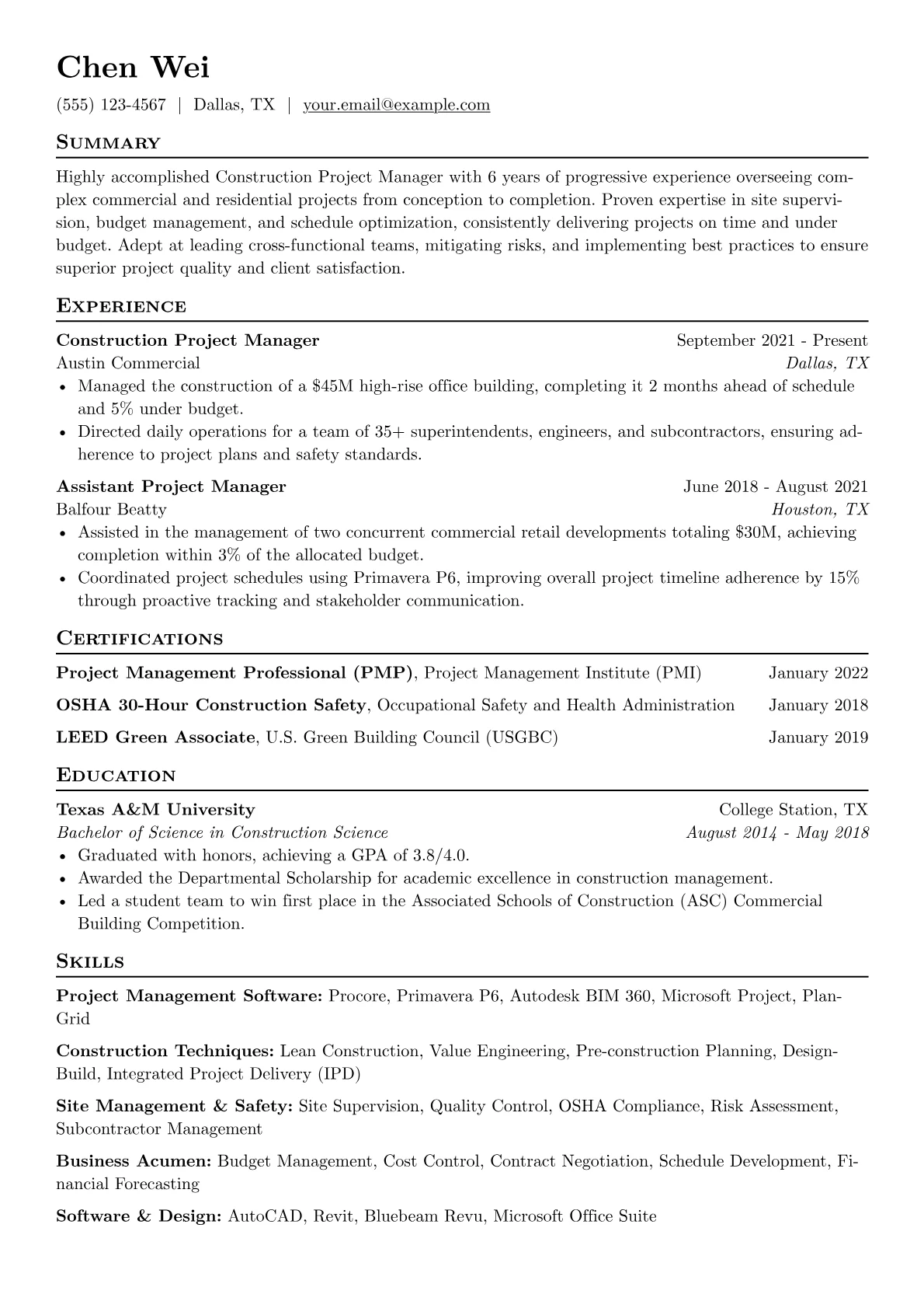 Construction Project Manager Resume Example CV template - Page 1