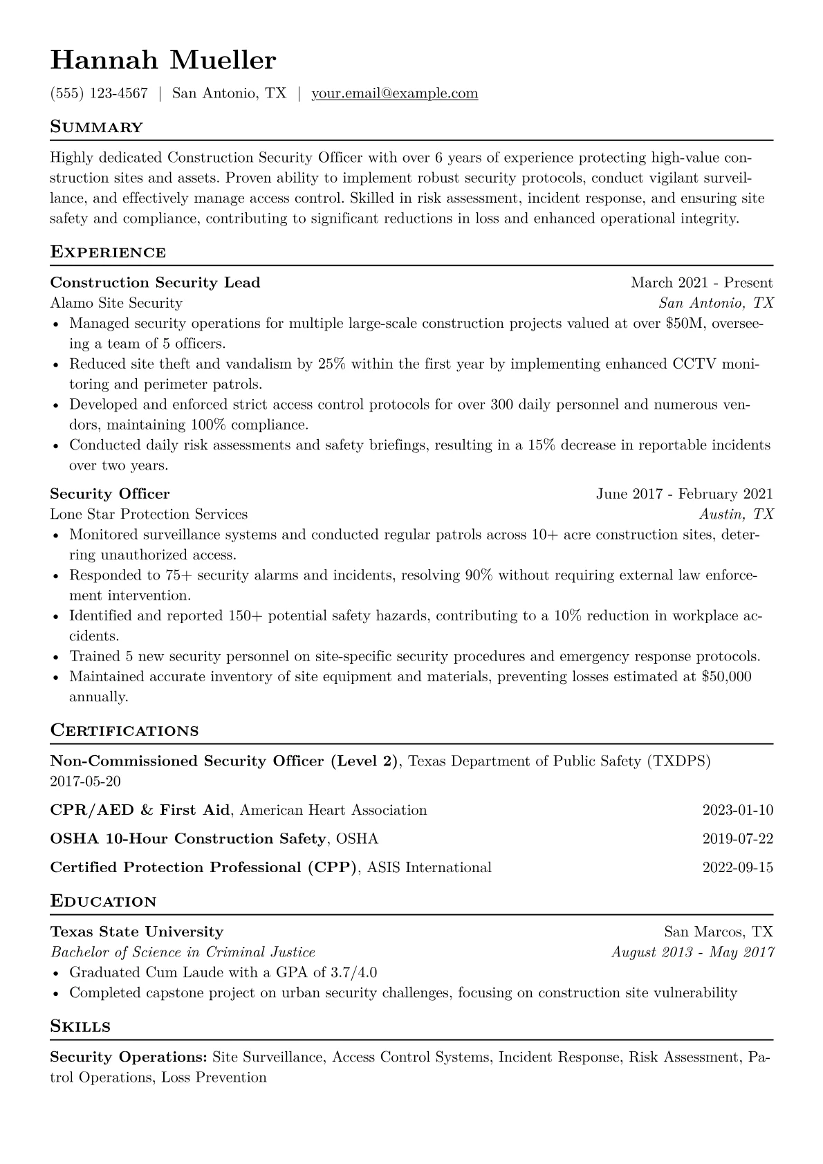 Construction Security Officer Resume Example CV template - Page 1