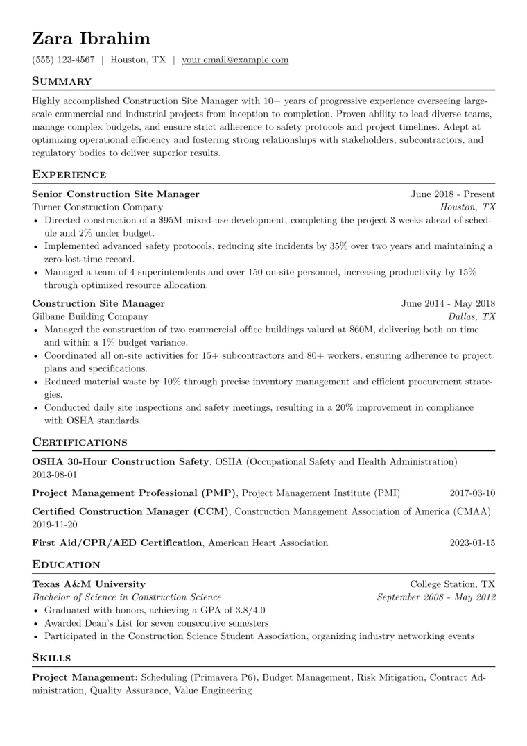 Construction Site Manager Resume Example CV template preview