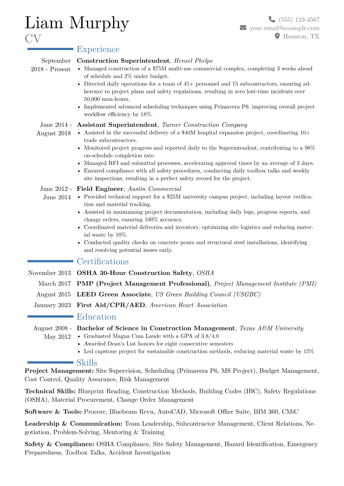 Construction Superintendent Resume Example CV template - Page 1