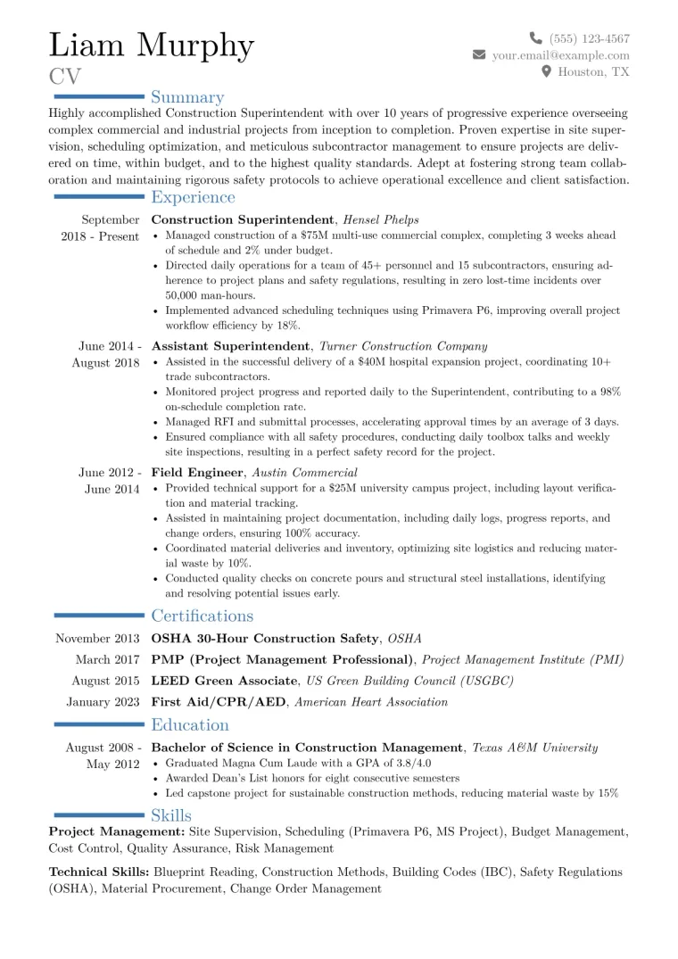 Construction Superintendent Resume Example CV template preview