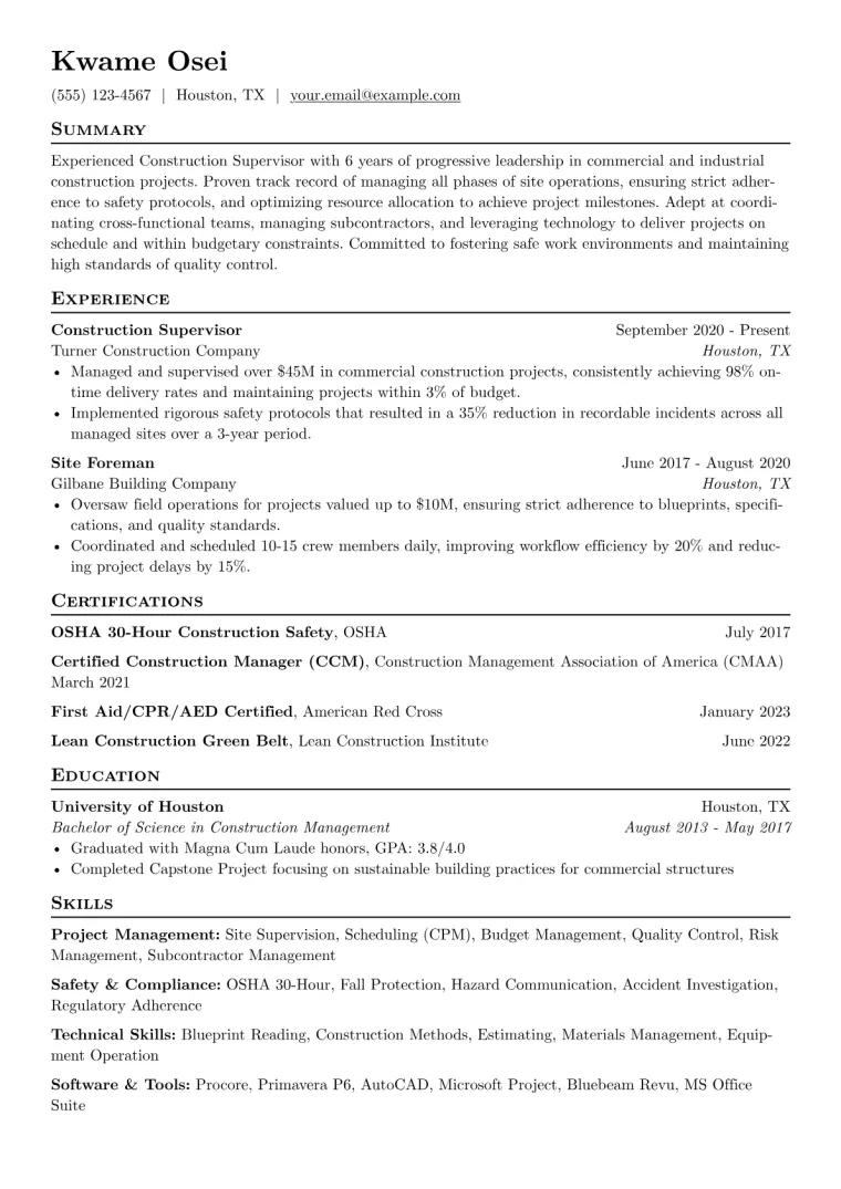 Construction Supervisor Resume Example CV template preview