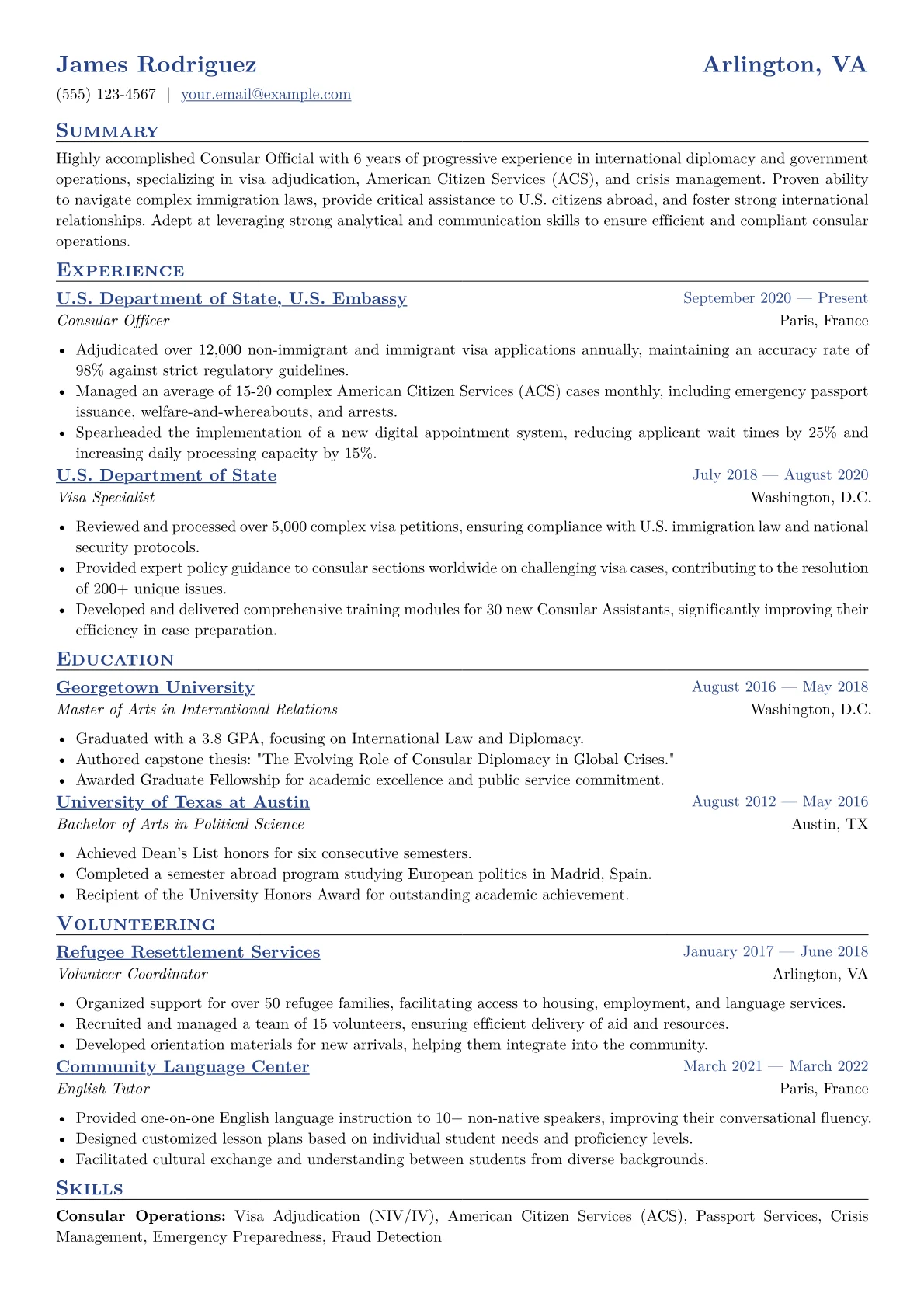 Consular Official Resume Example CV template - Page 1