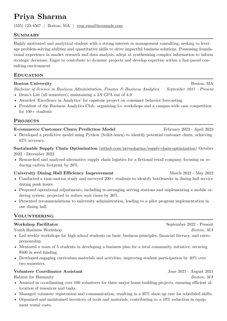 Consulting Intern Resume Example
