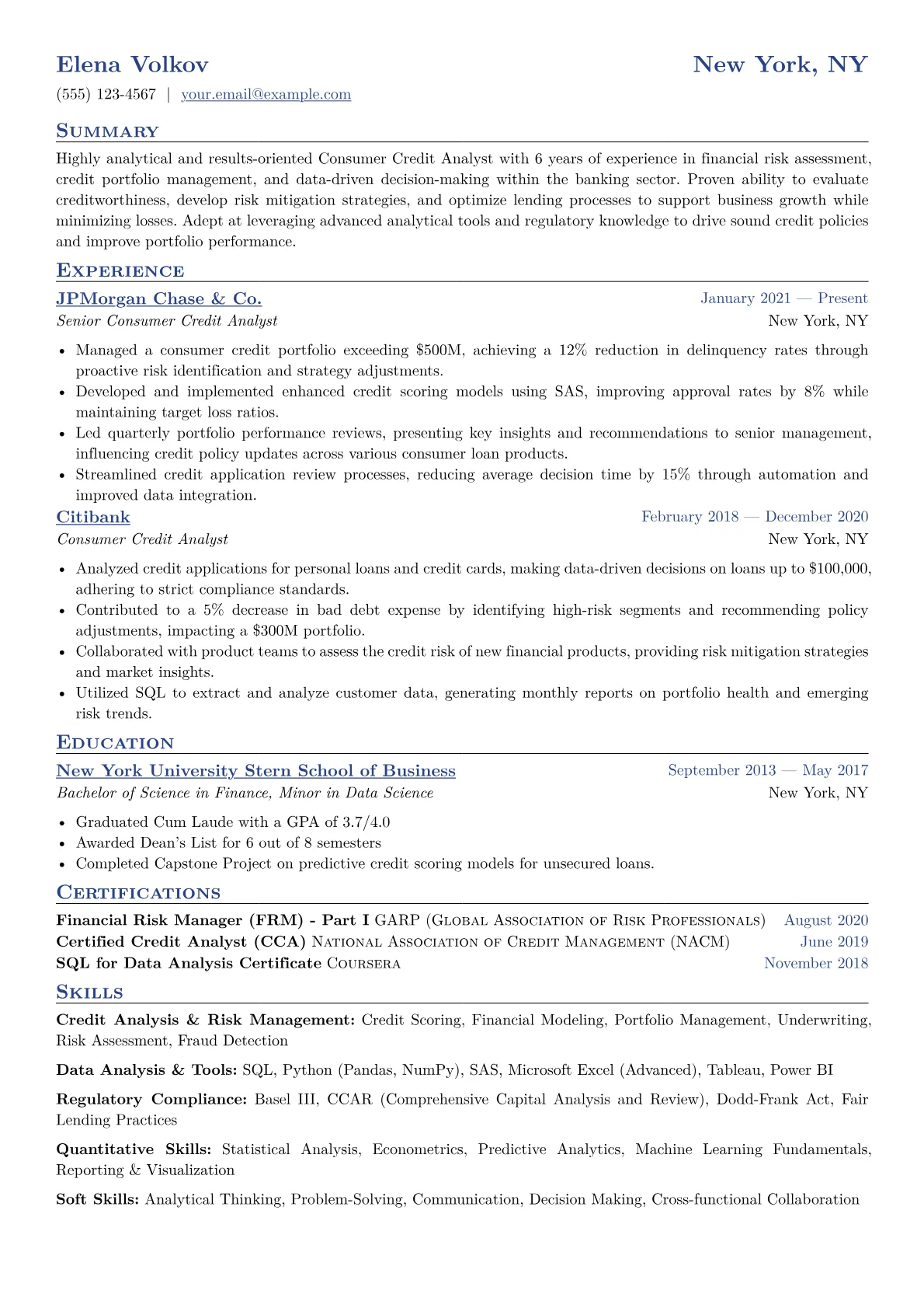 Consumer Credit Analyst Resume Example CV template - Page 1
