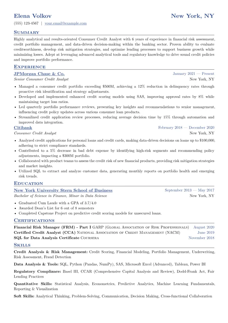 Consumer Credit Analyst Resume Example CV template preview