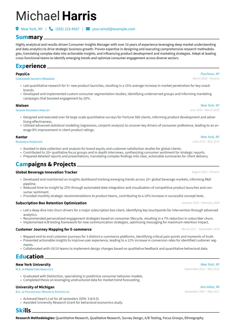 Consumer Insights Manager Resume Example CV template preview