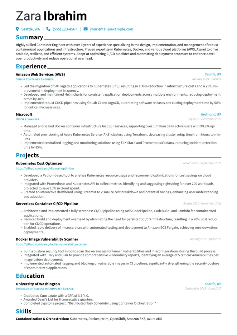 Container Engineer Resume Example CV template preview