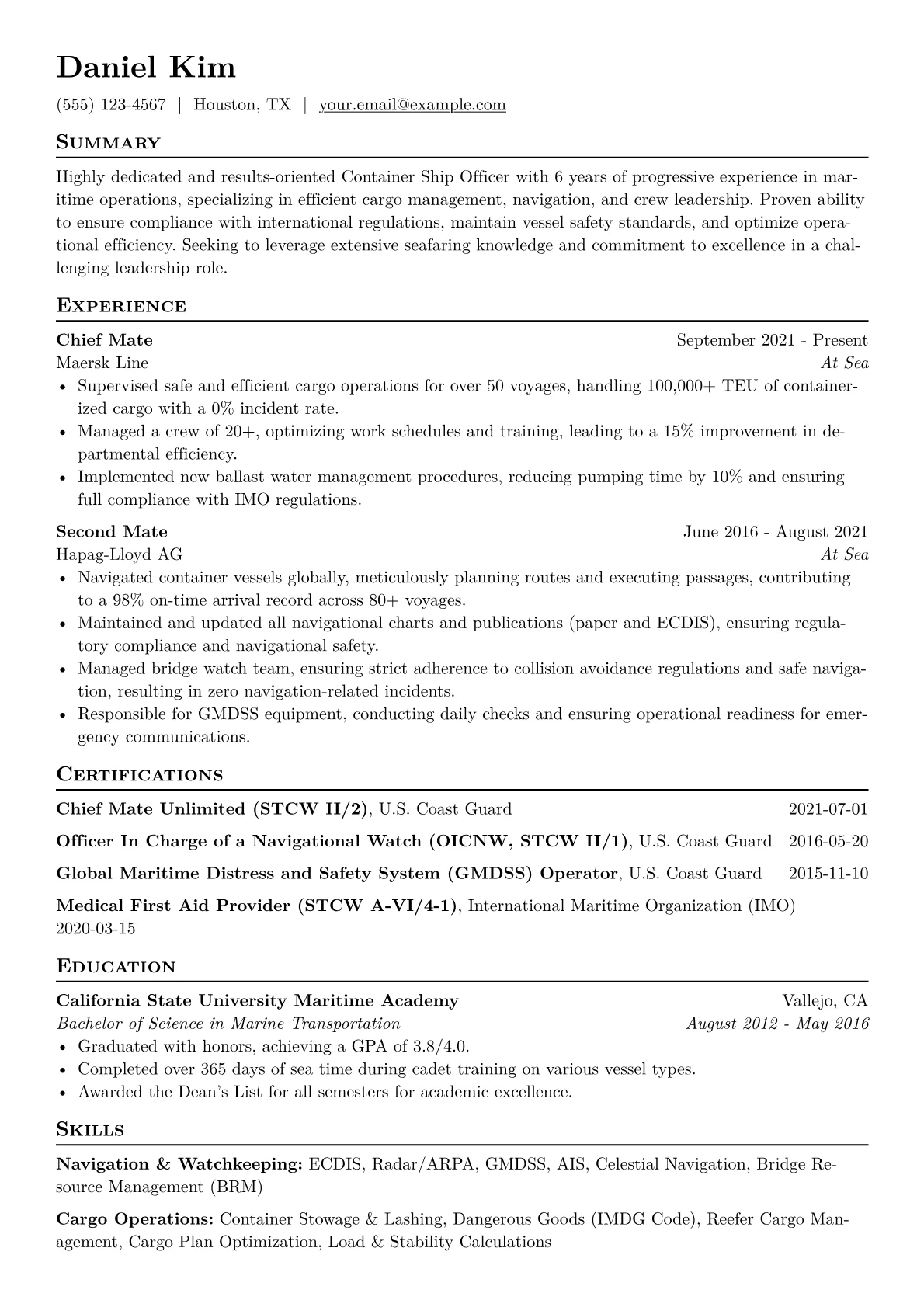 Container Ship Officer Resume Example CV template - Page 1