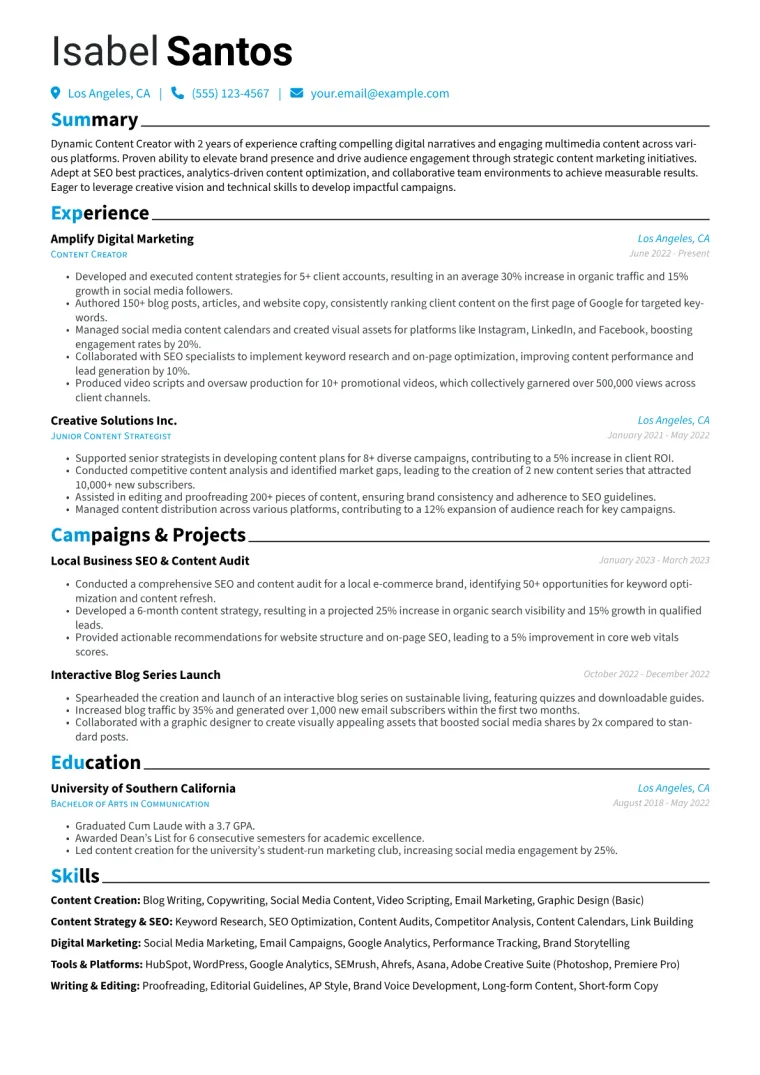 Content Creator Resume Example CV template preview