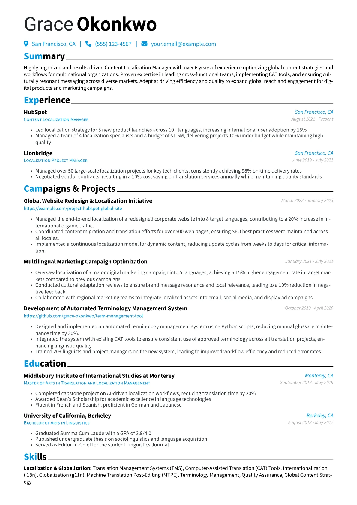 Content Localization Manager Resume Example CV template - Page 1