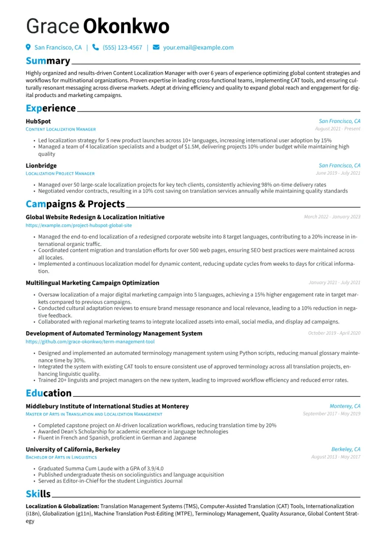Content Localization Manager Resume Example CV template preview