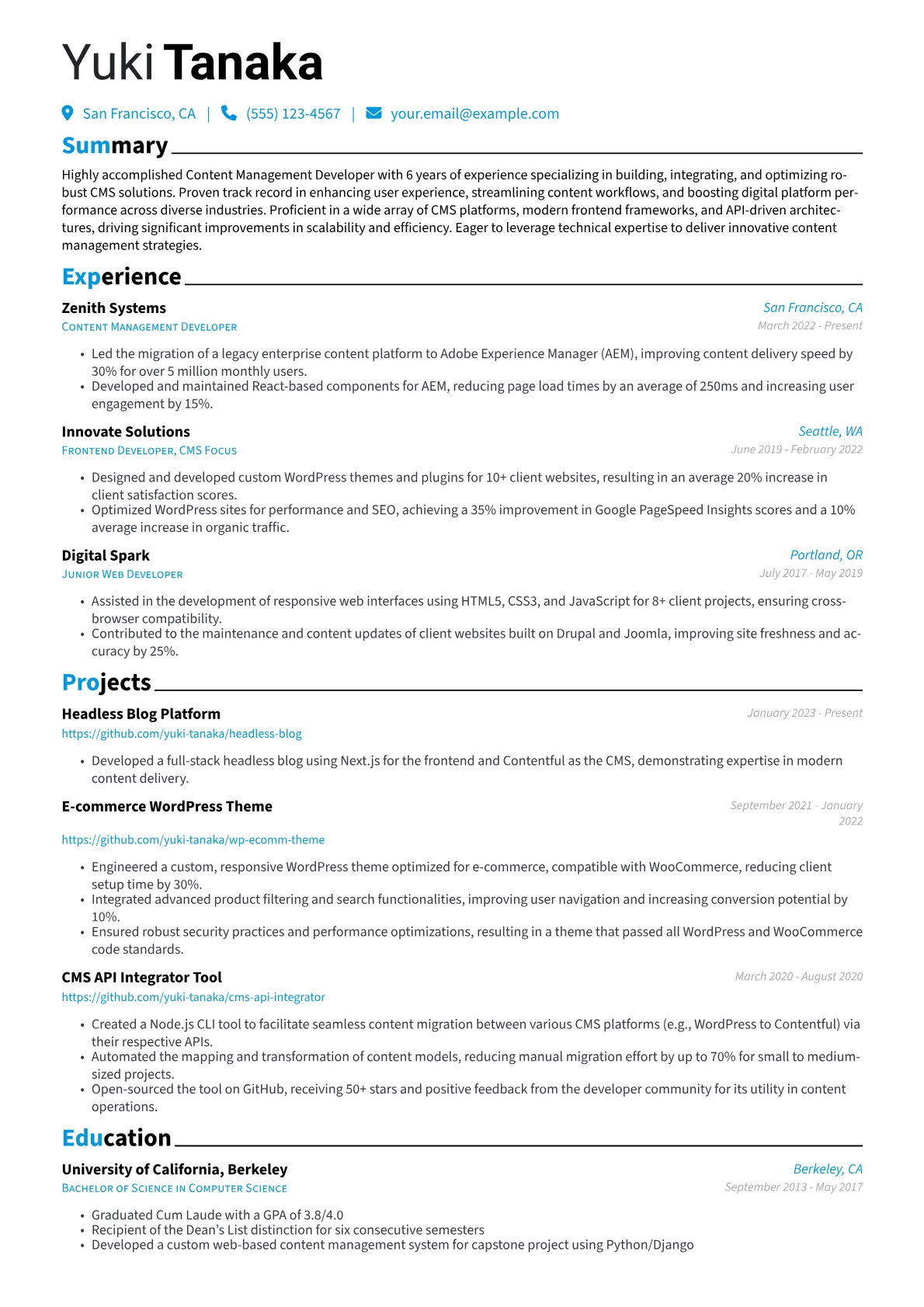 Content Management Developer Resume Example CV template - Page 1