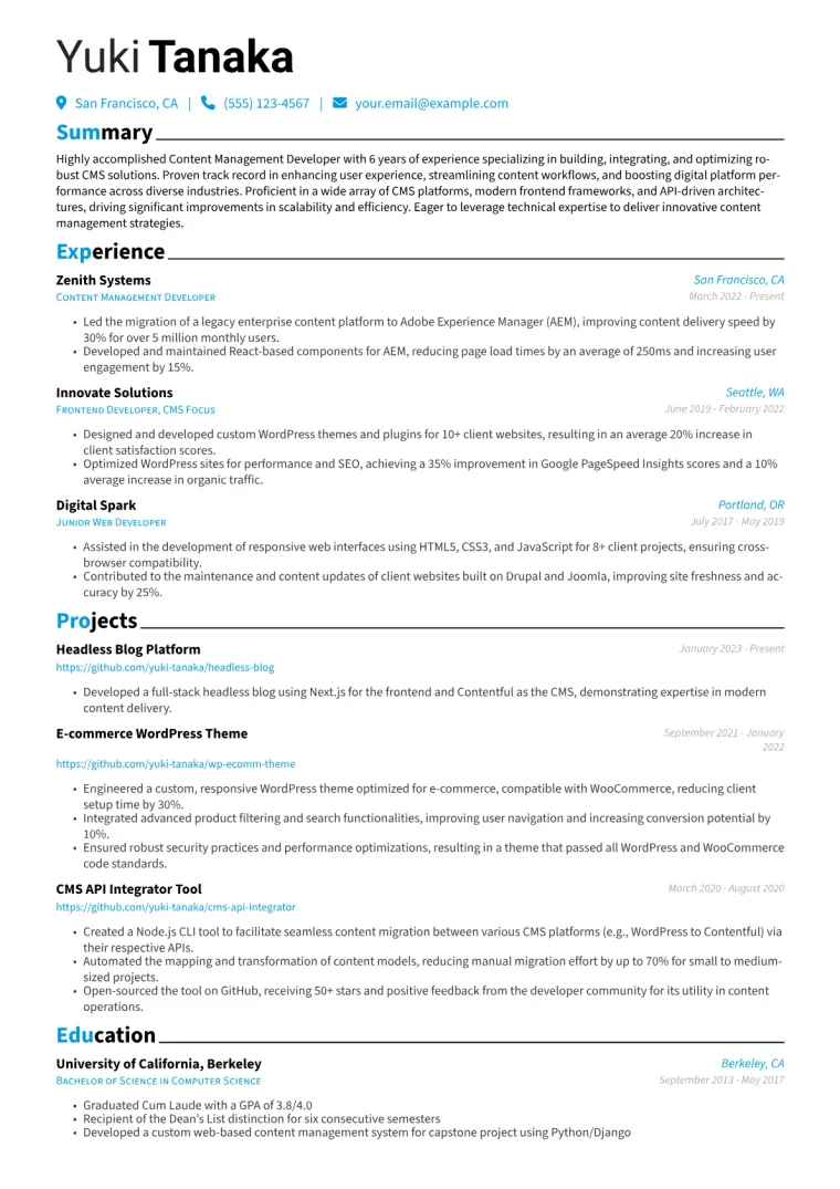 Content Management Developer Resume Example CV template preview