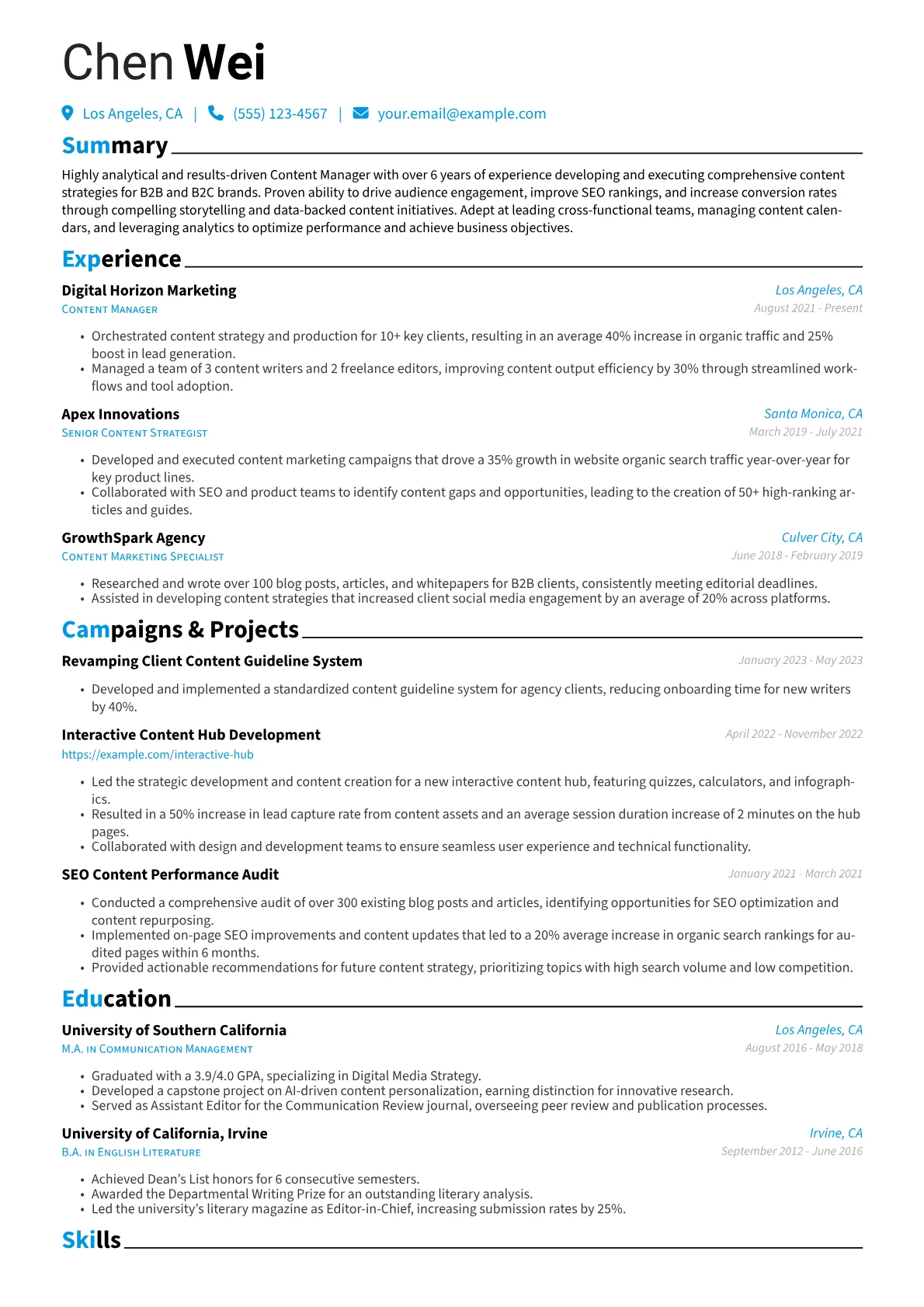 Content Manager Resume Example CV template - Page 1