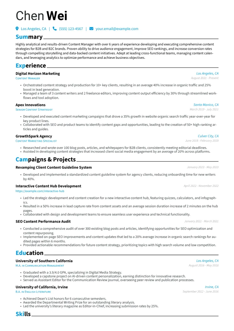 Content Manager Resume Example CV template preview