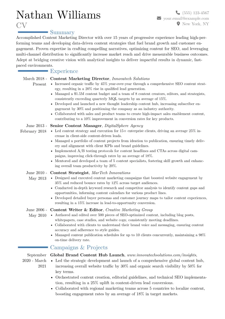Content Marketing Director Resume Example CV template preview