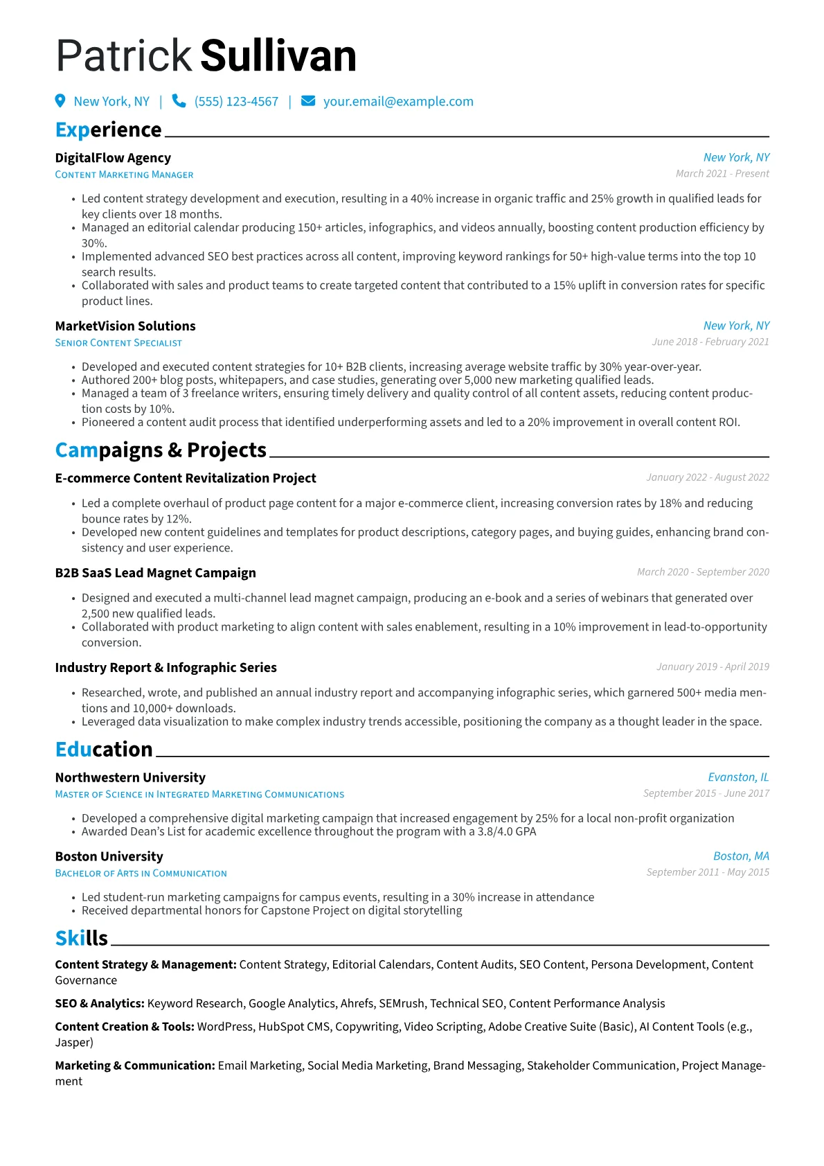Content Marketing Manager Resume Example CV template - Page 1