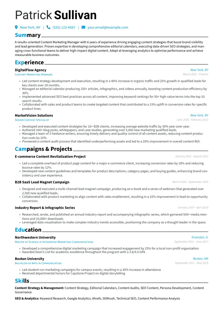 Content Marketing Manager Resume Example CV template preview