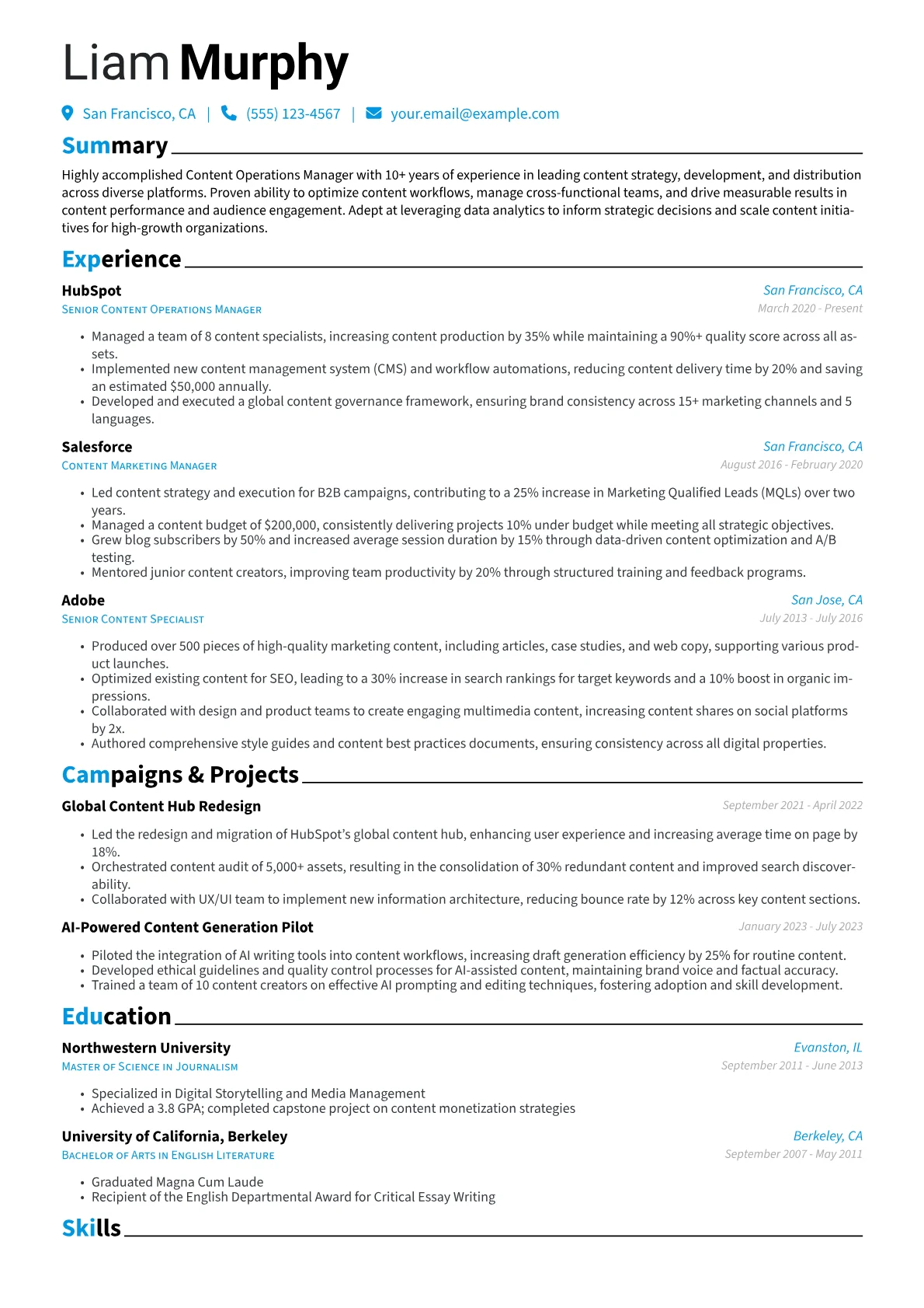 Content Operations Manager Resume Example CV template - Page 1